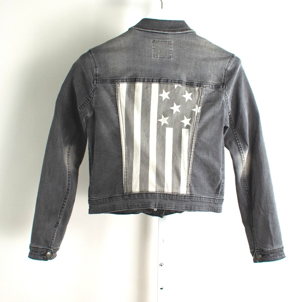 Rock & Republic Gray Denim Jacket American Flag Back Patriotic Women's Size M - Picture 2 of 8